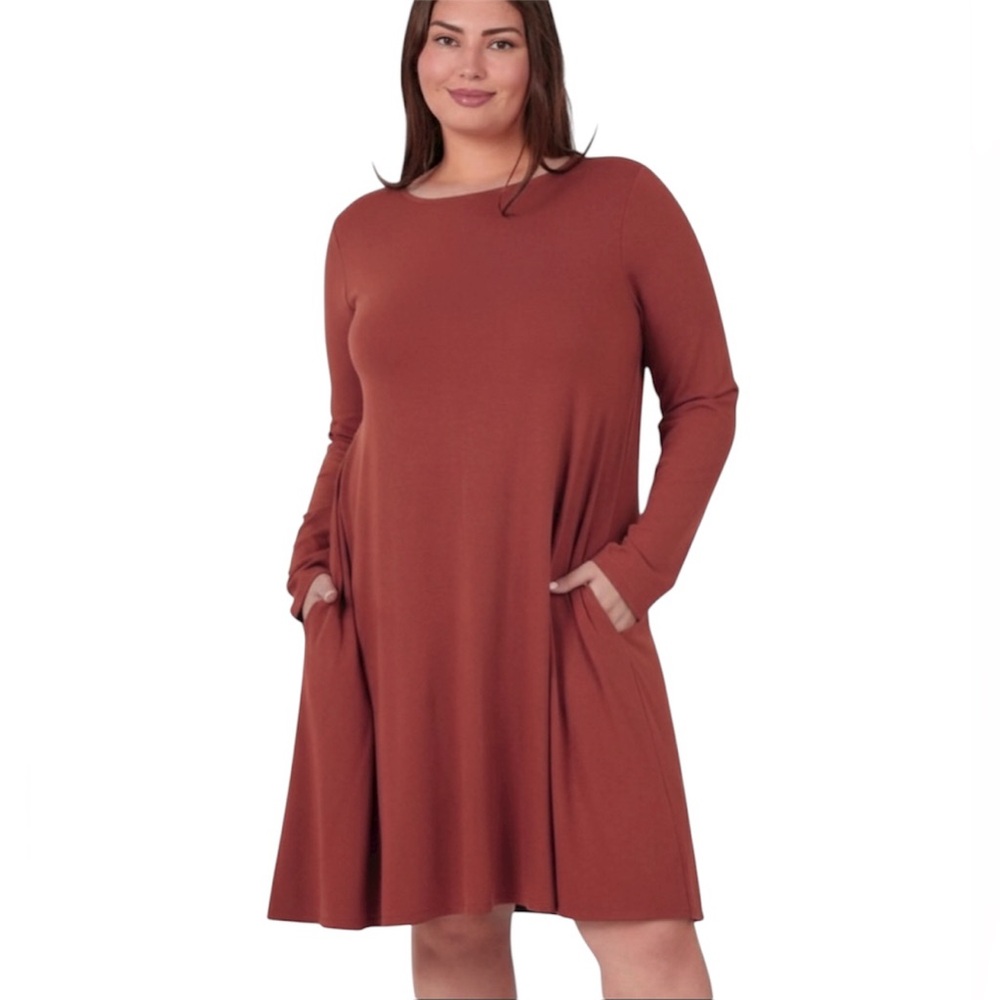 Zenana Dark Rust Long Sleeve Jersey Flared Swing T-Shirt Tunic Dress Size 1X